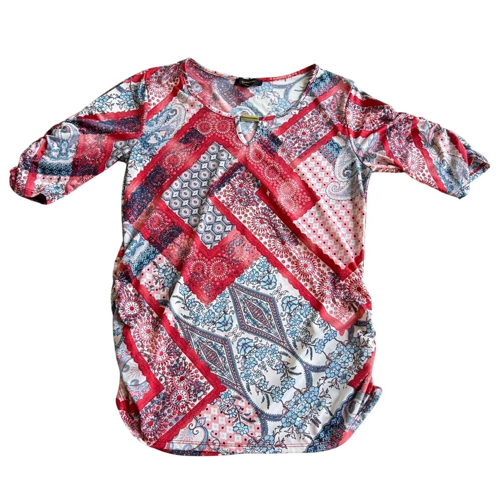 Espresso Small Multicolor Ruched Side V-Neck Red Blouse